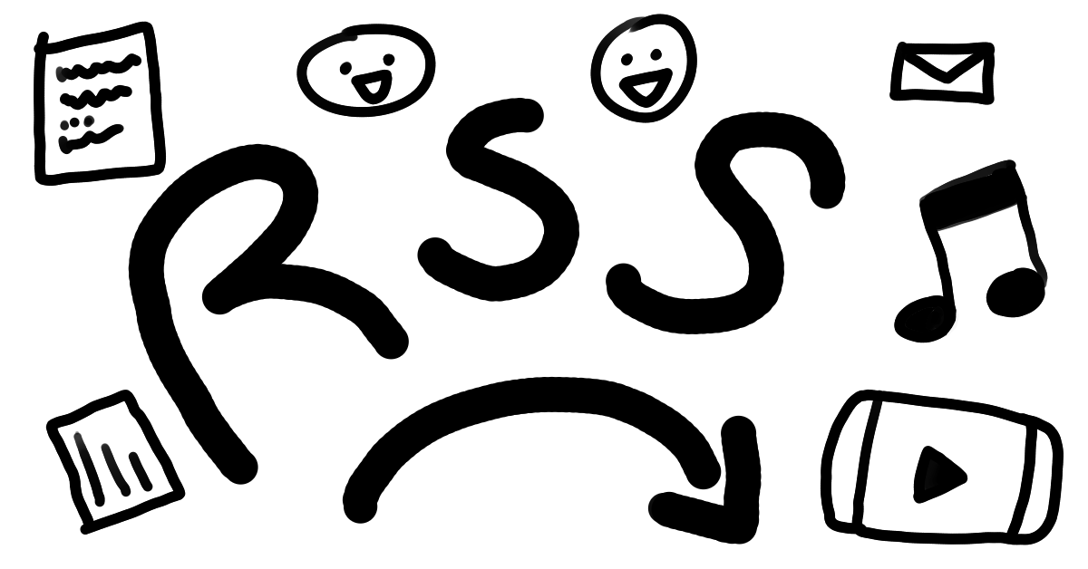 Hand-drawn picture of word RSS in cartoon bubble letters