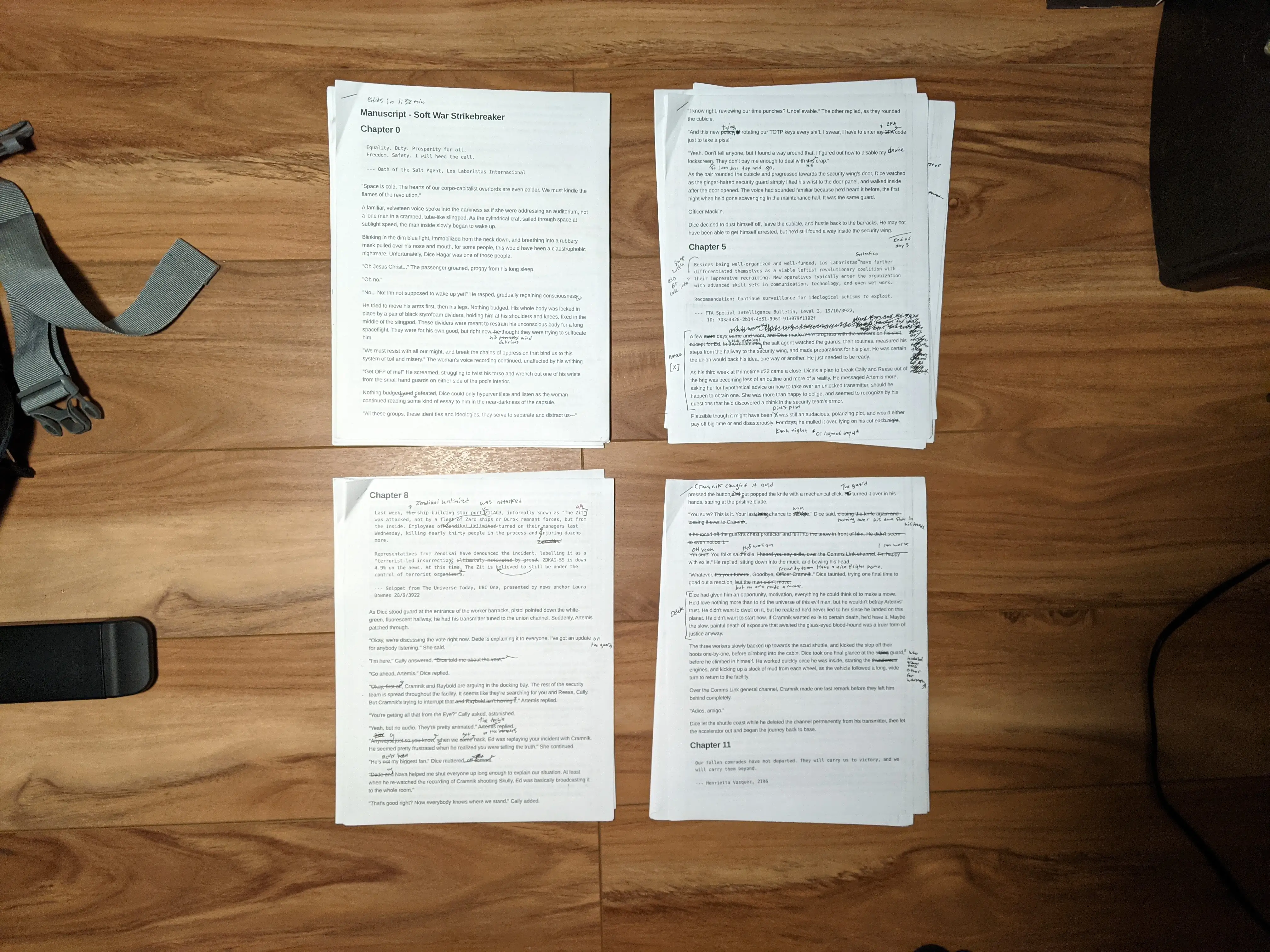 My manuscript in four nice little piles of notes